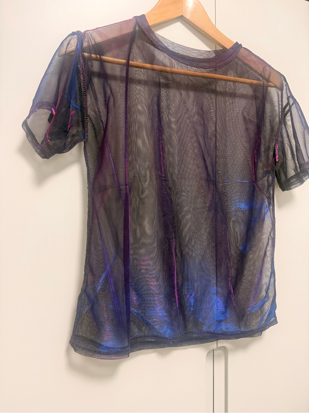 Sheer iridescent Purple Short Sleeve Mesh Top